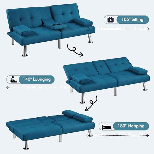 Sofá Cama Convertible De Tela Ajustable, Azul Yaheetech