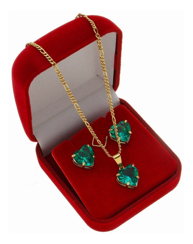 Imagem 1 de 4 de Colar Com Brinco Pedra Verde Coração Banhado