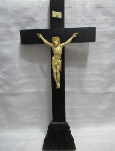 Antig Ícono Cruz Altar Madera Jesús Tallado Noble Material