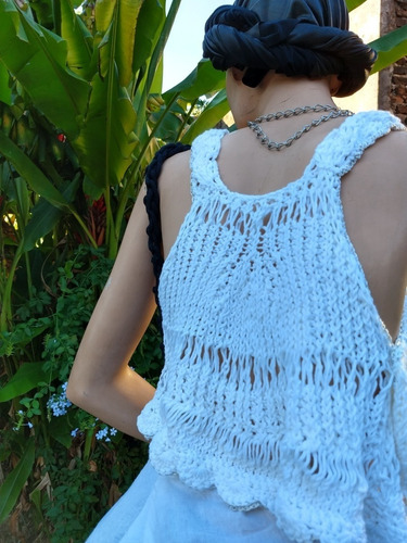 Remera Top Tejida Artesanal Algodon/saten Boho Crochet