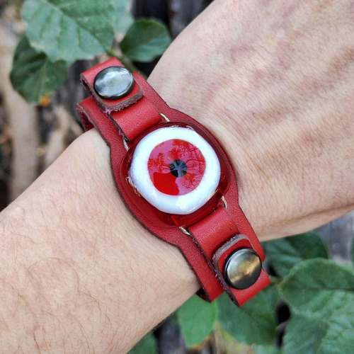 Pulsera Ojito Turco Vidrio Y Cuero Color Rojo Diámetro 7 Cm Largo 19 Cm