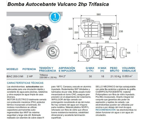 Imagen 2 de 5 de Bomba Autocebante Vulcano Bac 2-3 2 Hp Trifasica Pileta