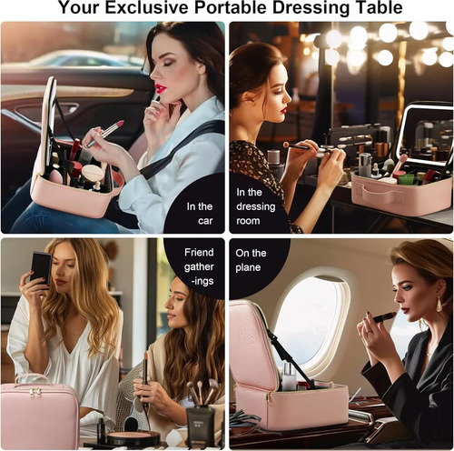 Maletin Estuche De Maquillaje Con Espejo Y Luz Led 3 Modos Rosa