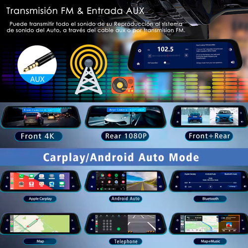Pantalla Auto Espejo Retrovisor Android Y Cp Camara Dual 4k
