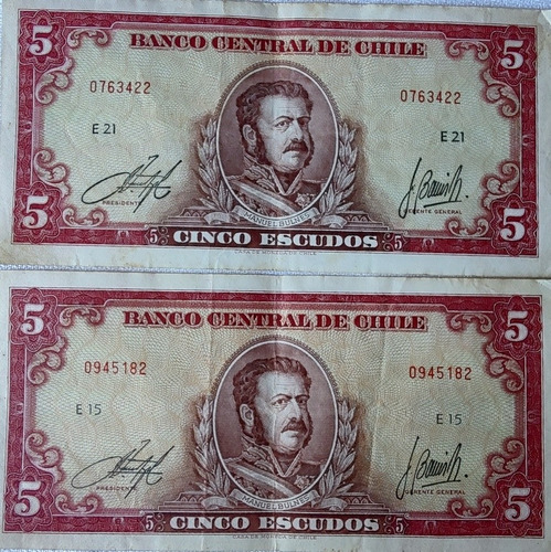 2 Billetes Chile 5 Escudos Inostr Barrios Firma Gru/de(bb58