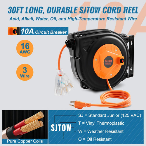 Cable De Extensión Retráctil Vevor De 30 M Con Triple Salida