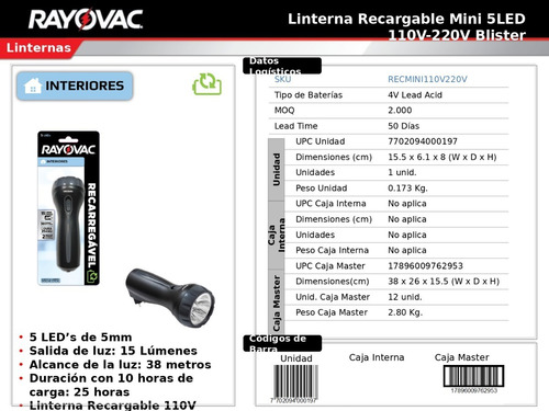 Imagem 4 de 5 de 08 Lanternas Interiores Recarregável 5 Leds Rayovac