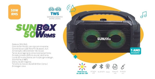 Caixa De Som Sumay Portátil Leve Sunbox C/ Bluetooth