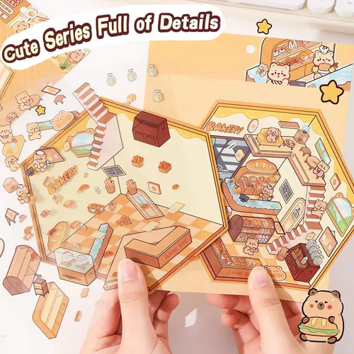 8 Sets De Pegatinas 3D De Escenas En Miniatura | Kit DIY Con Pinzas Para Decorar Libretas, Móviles Y Más | Temas: Cafetería, Restaurante, Librería Y 5 Más