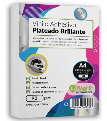 Papel Vinilo Adhesivo Plateado Imprimiblea4 Pack20 Hojas 90g