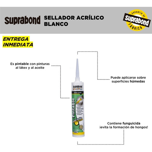 Imagen 3 de 5 de Sellador Acrílico Pintable Suprabond 280ml Blanco
