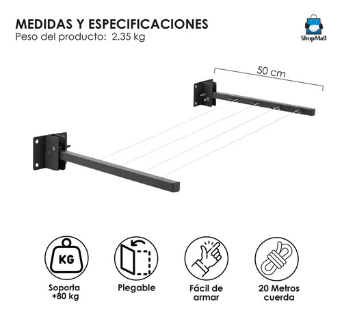Tendedero Plegable Retráctil Ropa Reforzado Metal 20 Metros Color Negro