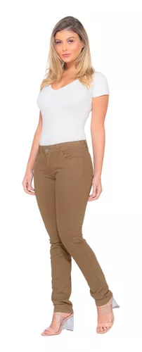 Calça Feminina Sarja Slouchy Caqui Verão Disfarça Barriga