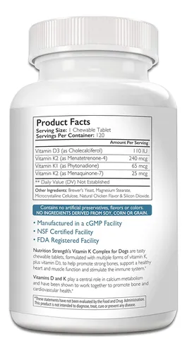 Vitamina K1 K2 Y D3 Para Perros Tabletas Masticables 120 Uni