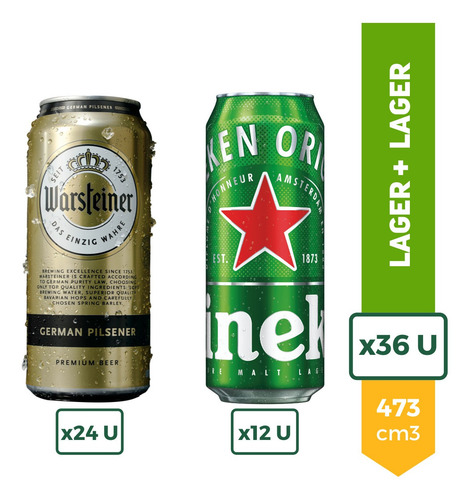 Imagen 1 de 9 de Cerveza Warsteiner Lata 473ml X24 + Heineken Lata 473ml X12