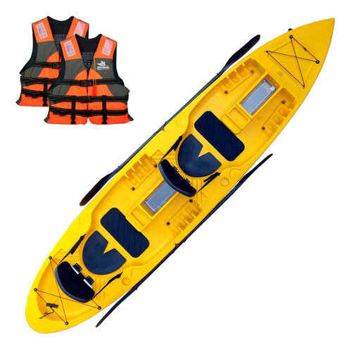 Kayak Caiaker New Foca 2 Plz Estable + Chalecos Aventureros Color Amarillo