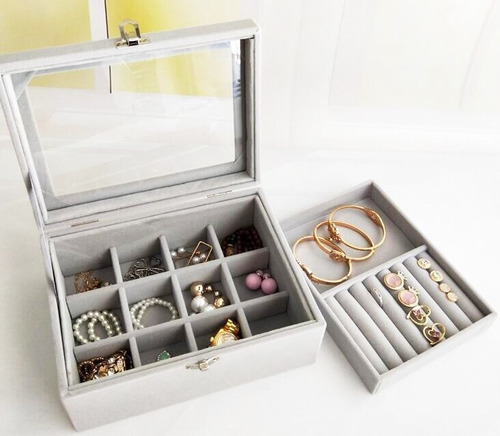Imagen 2 de 3 de Maletín Joyero 2 Niveles Organizador De Joyas Anillos Collar