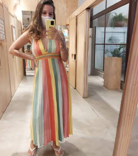 Vestido Farm Colorido Frente Única Com Brilho Lurex