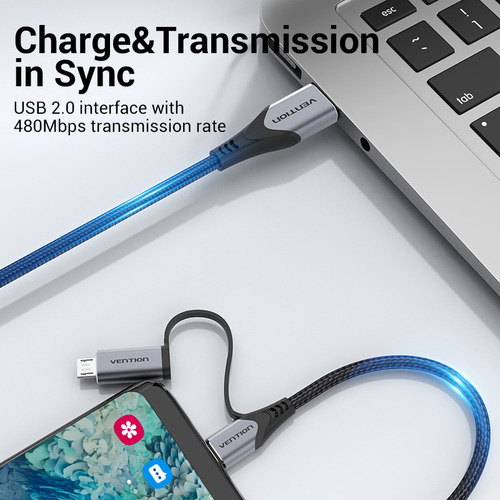 Cable Vention 2 En 1 - Usb A Usb C + Micro Usb B - Carga Rapida 5a - 1 Metro Aluminio Y Trenzado - Negro - Cargador Y Datos 480 Mbps - Para Pc Notebook Macbook Celular Tablet Auriculares - Cqfhf