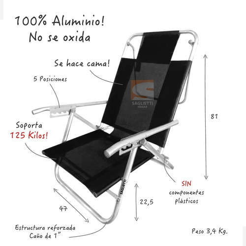 Imagen 5 de 10 de Reposera Cama Aluminio Super Reforzada Playera 125 Kilos