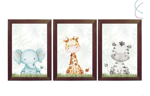 3 Quadros Decorativos Safari Baby Aquarela Com Moldura