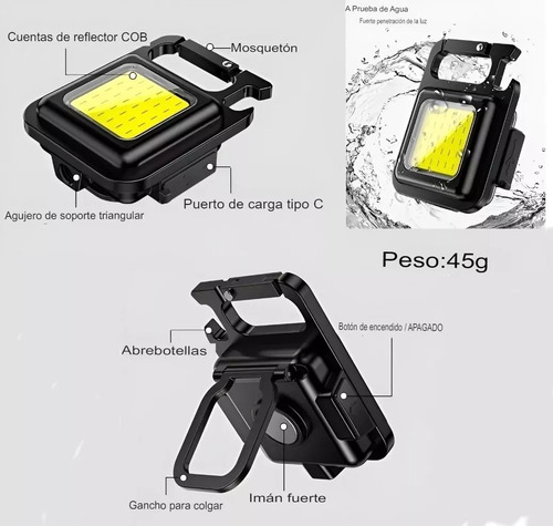 Linterna Led Cob Llavero Gancho Portátil Recargable Potente