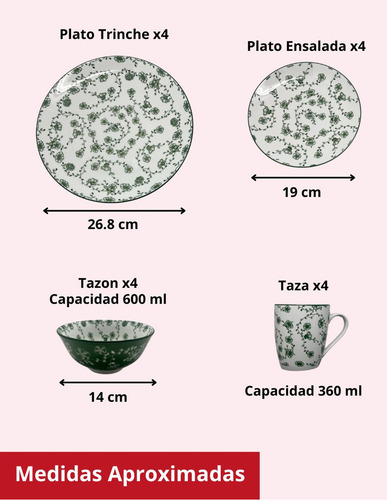 Vajilla 16 Piezas Cerámica Elegante Royal Haus Resistente Color Verde Floreado