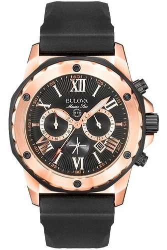 Bulova Marine Star104 Para Hombre Cronógrafo Original 98b104 Correa Negro Bisel Rosa claro Fondo Negro