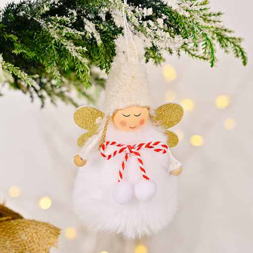 Lazo de decoración navideña B, bola de felpa, ángel P, 4 colores, blanco