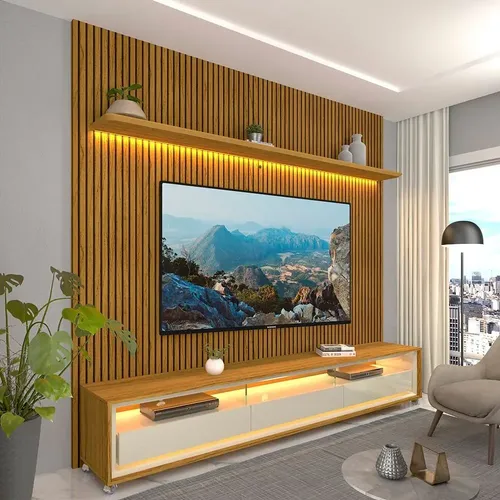 Rack Com Painel Para Tv Até 75 Polegadas Com Led Com Jh Naturale/off White