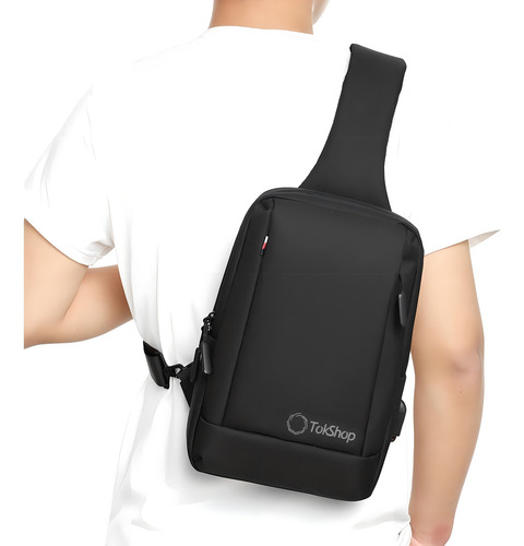 Mochila Transversal Luxo Masculina Para iPad Com Entrada Usb Cor Preto TokShop