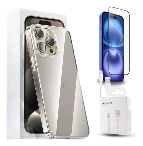 Capa Transparente P/ iPhone 11-16 + Pel Vidro 3d + Cabo Usbc