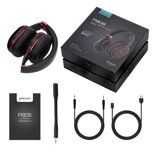Fone Headset Gamer Picun P80s Led Rgb Sem Fio Bluetooth Cor Preto Com Detalhes Vermelho