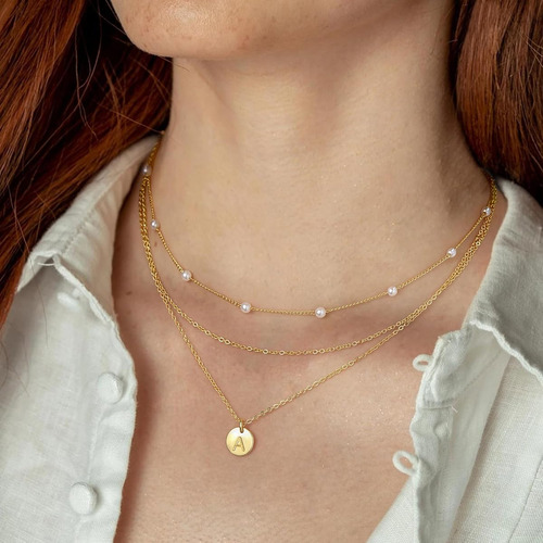 Collar Capas Cadena Y Perlas Colgante Letra L Oro Mujer