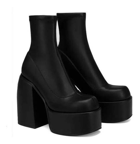 Botas De Mujer Con Plataforma Tacón Alto Grueso Blanco Negro