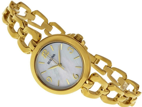 Reloj Bulova 97l138 chapado en oro, visera blanca perla. Color de la correa: chapado en oro, color del bisel, chapado en oro, color de fondo: blanco perlado.