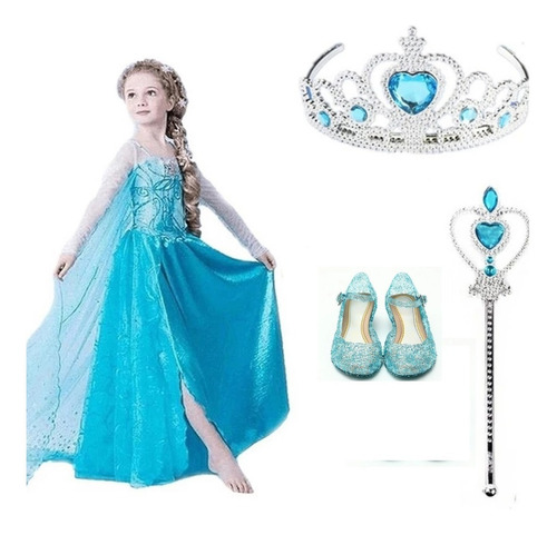 Disfraz Frozen Elsa +vara+corona+trenza+zapatos Cumpleaños 