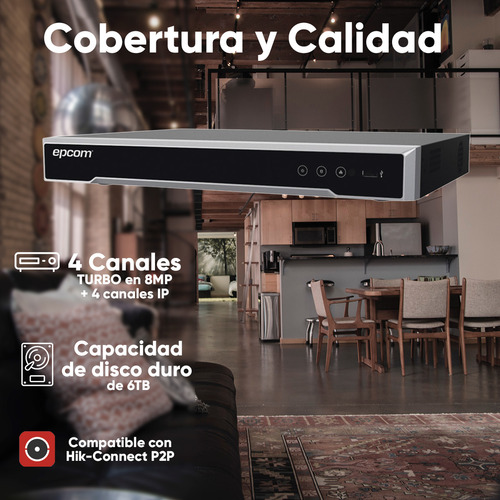 Epcom Kit De 4 Camaras De Seguridad Metalicas Eyeball 8mp Protección Ip66 Para Uso Exterior + Dvr 4ch Turbohd Con Detección De Movimiento Y Salida De Alarma +1tb Hdd Ev8004e4k-plus+1tb-sc