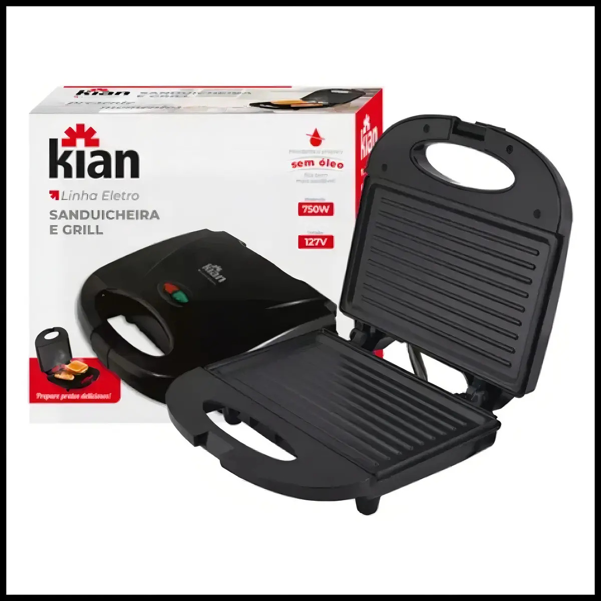 Sanduicheira Grill 2 Em 1 Kian Preta Elétrica 750w Cor Preto,Seu Mixto Quente Ultra Rápido, e Outros Petiscos