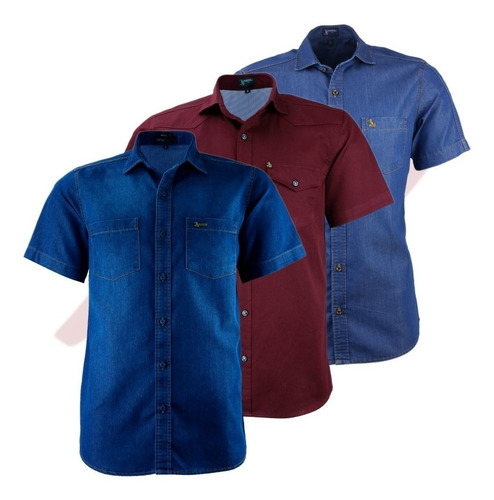 Kit 03 Camisas Masculina Amil Manga Curta 2 Jeans + 1 Brim