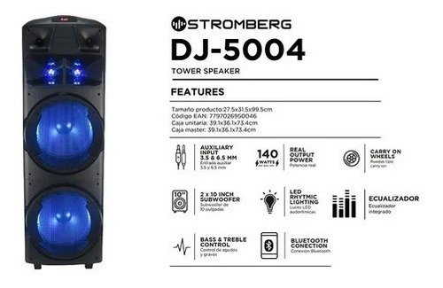 Imagen 2 de 6 de Parlante Torre Potenciada Stromberg Dj 5004 Bluetooth 140w