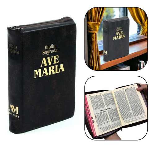 Biblia Sagrada Ave Maria Média Com Ziper Marrom