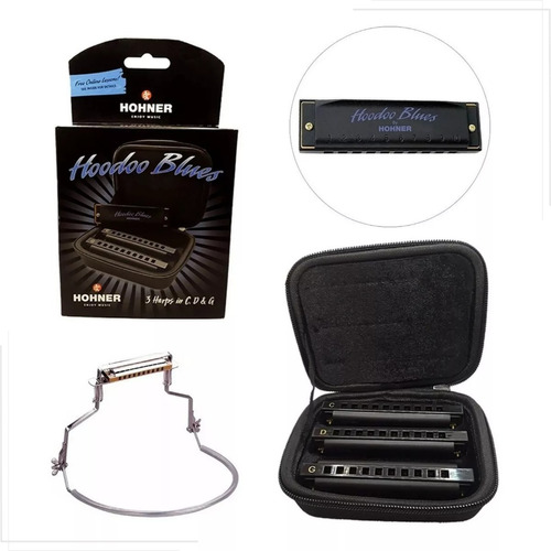 Kit 3 Gaitas De Boca Harmônicas Hoodoo Blues Hohner Afinações C D G + Suporte Hohner Blues Holder Hh01