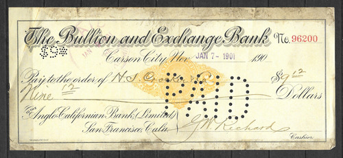 Estados Unidos 1901 Cheque Bullion Exchange Bank