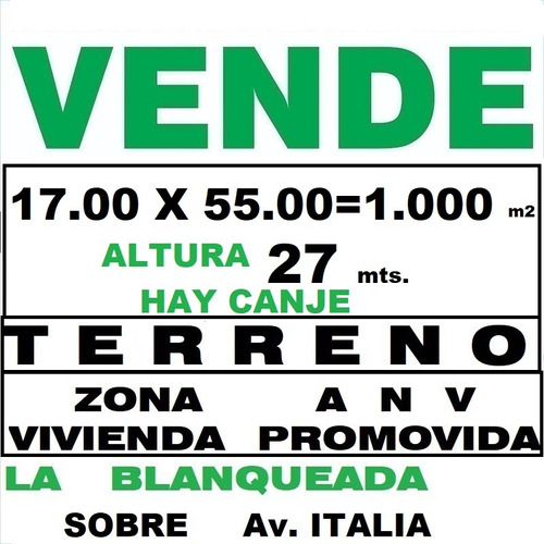 Zona A N V  Av. Italia 17.00 X 55.00= 1.000m  Alt. 27 Mts