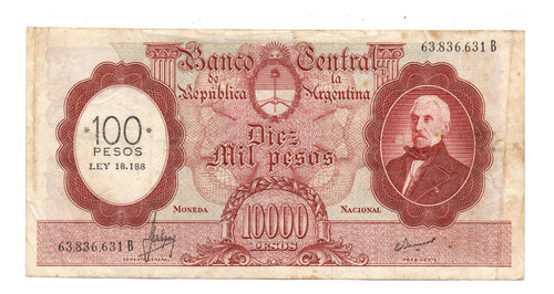 Billete Arg. 10.000 Pesos Resellado A 100 Pesos Ley 18.188