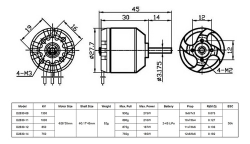 Dys D2830 750kv/850kv/1000kv/1300kv Motor Outrunner Sin Esco