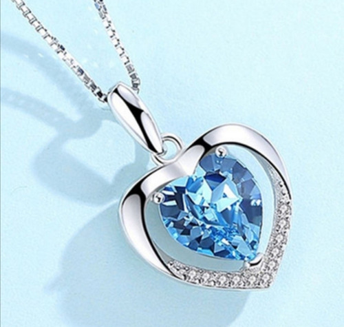 Hermoso Collar Con Dije Corazón Azul. Bañado En Plata 925. 