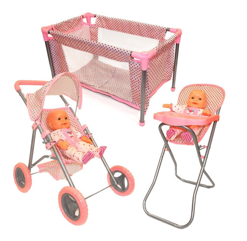 Set Cochecito Muñeca Metal Grande Cuna Y Silla Comer Cuby Fu