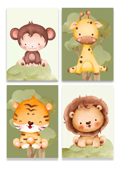 Kit 4 Quadros Infantil Safari Menino Decoração Bebê S48